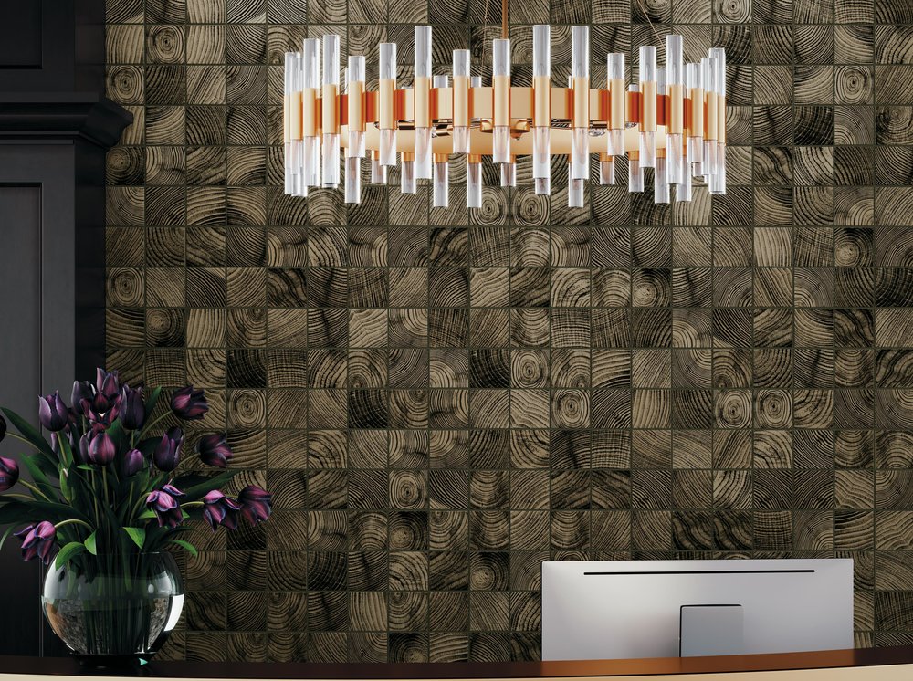 ceramic tile wall design with elegant chandelier