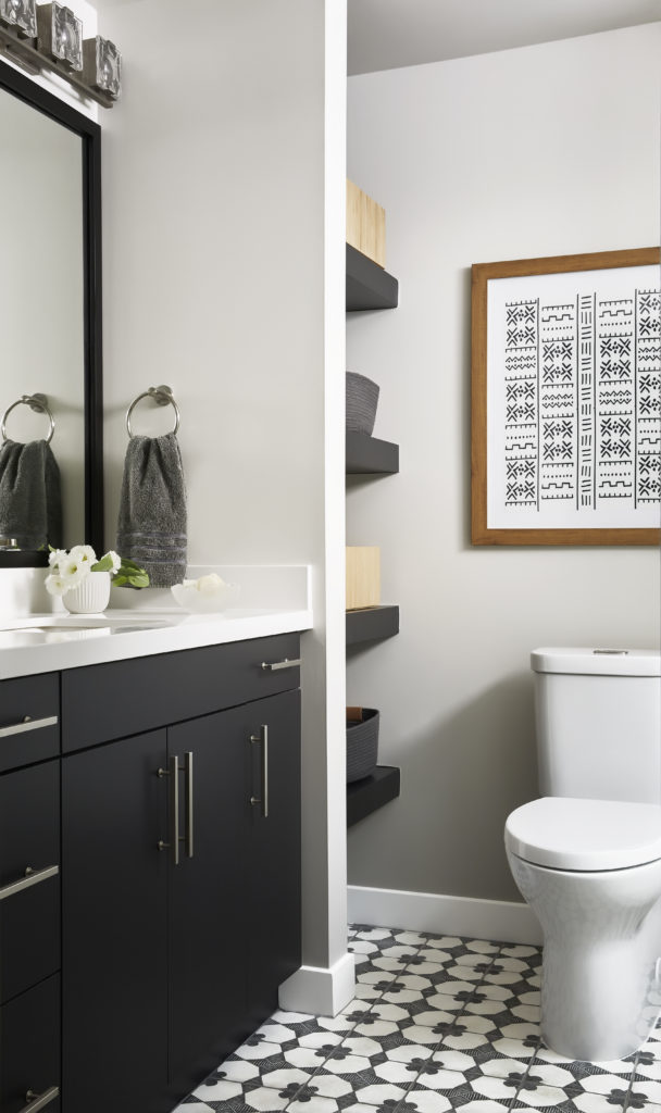 Aesthetic Design Guest Bath Black Vanity & Wall Shelves