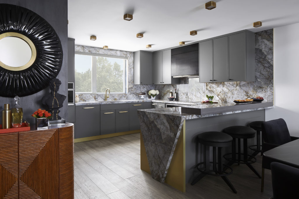 Wide View of Modern Kitchen with Grey Cabinets