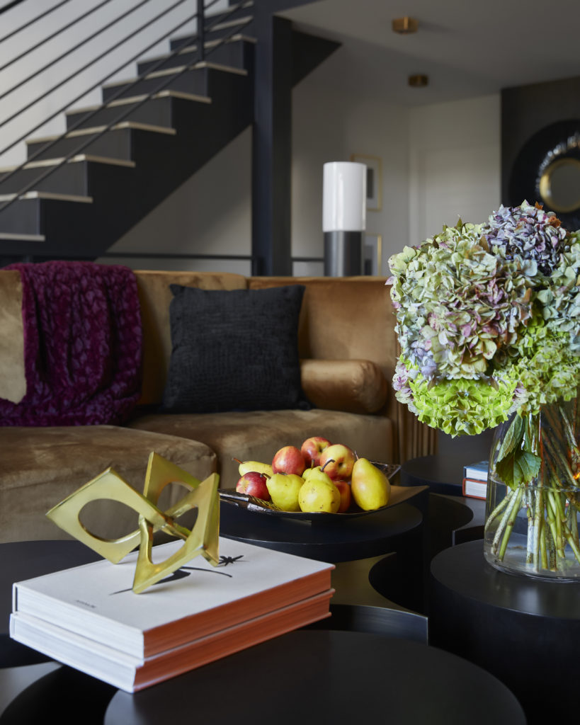 Gold Velvet Fabric Comfy Sofa + Elegant Black Lounge Table