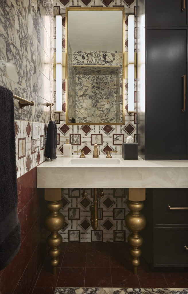 Classic Design Bath Tiles + Gold Faucet & Basin Frame